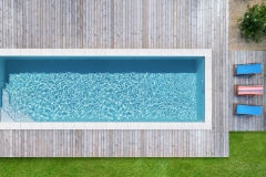 Modern house with garden swimming pool and wooden deck